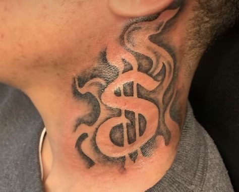 Flames Neck Tattoo Men, Moneybag Neck Tattoos, Neck Tattoo Men Black, Moneybag Tattoos On Neck, Money Sign Neck Tattoo, Front Neck Tattoo For Guys Ideas, Fire Neck Tattoo Men, Flame Neck Tattoo Men, Bubble Letter Tattoos On Arm