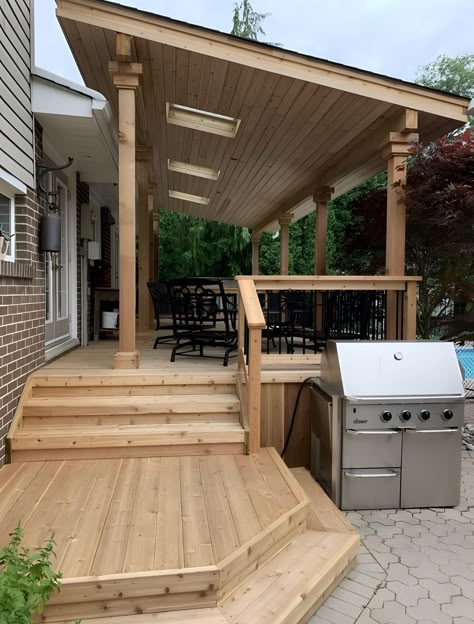 Deck Off Back Of House Covered, Front Deck With Roof, Decks With Roof Ideas, Covered Deck Pergola, Roof On Deck Ideas, Covered Decks Designs, Tin Roof Porch Covered Decks, Deck To Front Door, Covered Pergola On Deck