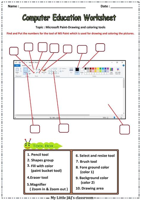 Microsoft paint tools worksheet-computer education worksheet-for primary grade children Computer Worksheet For Grade 4, Computer Worksheet, Drawing With Paint, Computer Exam, Elementary Computer Lab, Teaching Computers, Paint Program, Computer Lessons, Computer Drawing