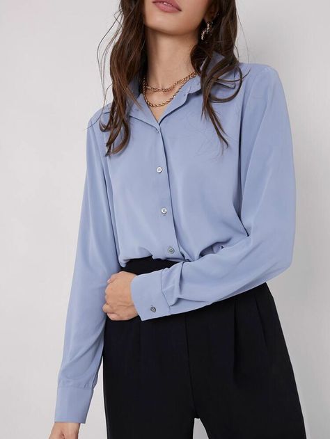 Chiffon Shirt Outfit, Dusty Blue Color, Hijab Fashion Inspiration, Chiffon Shirt, Button Down Blouse, Lantern Sleeves, Blue Blouse, Fold Over, Dusty Blue