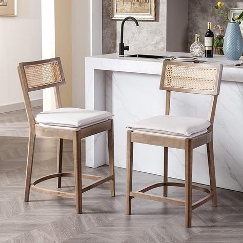 Amazon.com: QUNINJAY Modern Counter Height Bar Stools Set of 2, 26" Rattan Counter Stools with Removable Linen Upholstered, Vintage Dining Bar Chairs with Cane Back Wooden Barstool for Kitchen Counter Island Bar : Patio, Lawn & Garden Cane Barstools In Kitchen, Cane Bar Stools Kitchen, Woven Bar Stools Target, Cane Back Counter Stool, Kitchen Counter Island, Chairs For Kitchen Island, Rattan Counter Stools, Rattan Bar Stools, Riviera Rattan Bar & Counter Stools