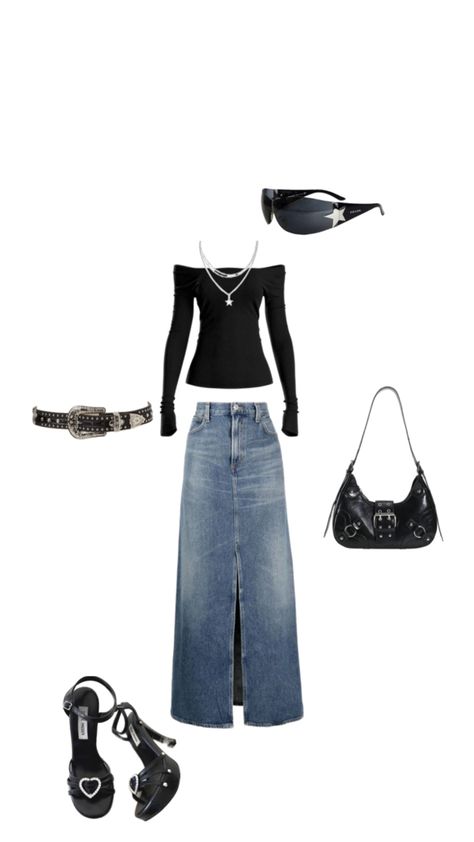 Y2k Denim Outfit, Maxi Denim Skirt Outfit, Denim Maxi Skirt Outfit, Denim Skirt Outfit, Maxi Denim Skirt, Maxi Skirt Outfit, Y2k Denim, Denim Skirt Outfits, Maxi Skirt Outfits