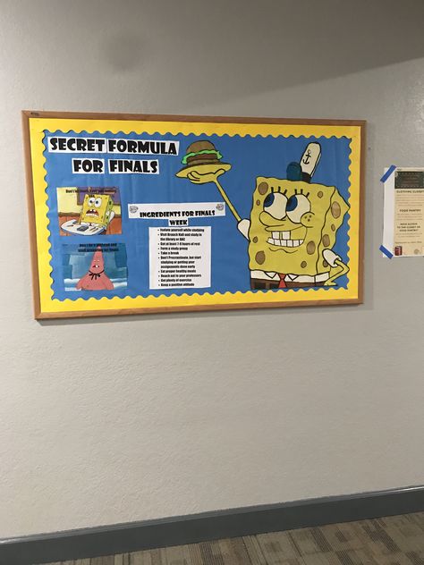 Meme Ra Bulletin Board, Resident Hall Bulletin Boards, Spongebob Dorm Theme, Ra Finals Bulletin Board, Finals Ra Bulletin Board, Spongebob Ra Board, Bulletin Board Ideas Funny, Ra Bulletin Boards Spongebob, Finals Bulletin Board Ra