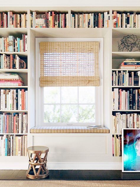 Matchstick Blinds, Bookshelves For Small Spaces, Window Nook, Den Office, Home Library Design, Small Space Design, Bookshelf Design, Home Libraries, Book Shelves