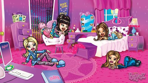 official art of the bratz having a slumber party in a brightly colored room Juicy Couture Laptop Wallpaper, Early 2000s Aesthetic Wallpaper Laptop, Kawaii Desktop Wallpaper Hd 1080p, Mcbling Laptop Wallpaper, Bratz Apartment, Bratz Bathroom, Hd Macbook Wallpaper Aesthetic, 2000s Aesthetic Wallpaper, 2000s Wallpaper