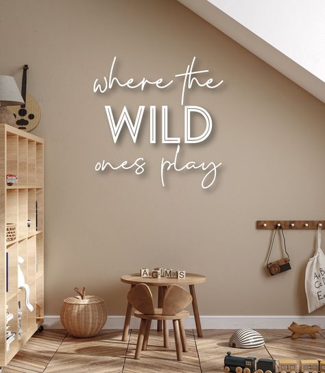 Where The Wild Ones Play, Kids Playroom Sign, Girls Room Sign, Modern Playroom, Wall Cut Out, Colorful Playroom, Playroom Signs, Oak Plywood, Playroom Wall Decor