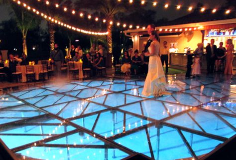 Pool Dance Floor, Acrylic Pool, Reception Dance Floor, Swimming Pool Wedding, Pool Quotes, Reception Dance, Pool Dance, Wedding Theme Colors, Outdoor Event