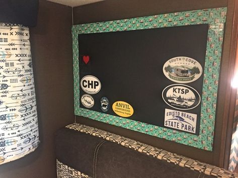 Easy-to-Make Travel Sticker Board for Camper, RV or Travel Trailer Create this inexpensive travel sticker board with just a few supplies, and easily display stickers from your camping travels! #RV #Campers Display Travel Stickers, Stickers Collection Display, Sticker Board, Souvenir Display, Edisto Beach, Camping Cot, Rv Accessories, Rv Decor, Camping Items