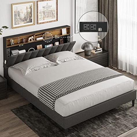 Amazon.com: Tiptiper Full Size Bed Frame with Outlets, Platform Bed Frame with Storage Headboard and Height Adjustable, Fabric Upholstered Bed with Wooden Slat Support, No Box Spring Needed, Dark Grey : Home & Kitchen Bed Frame With Storage Headboard, Modern Upholstered Beds, Fabric Upholstered Bed, Cama Queen Size, Headboard With Shelves, Storage Headboard, Full Size Bed Frame, Queen Size Platform Bed, Modern Platform Bed