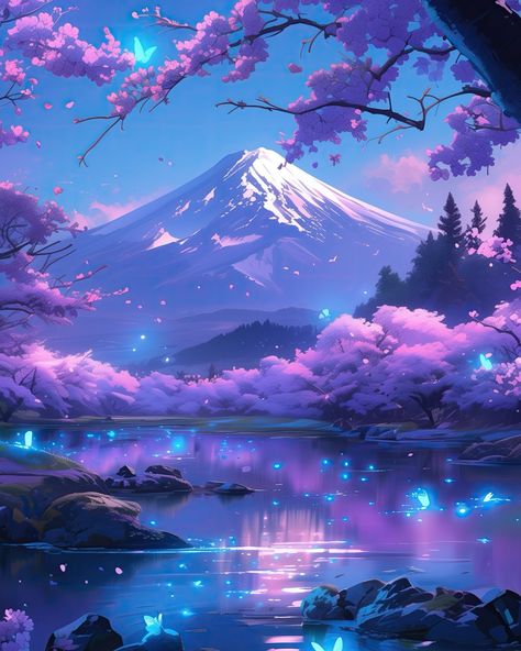 Embracing the tranquil beauty of Mount Fuji surrounded by blooming cherry blossoms and ethereal butterflies 🌸🦋🏔️ #AnimeArt #MountFuji #CherryBlossoms #DigitalArt #Fantasy #Landscape #Japan Landscape Japan, Night Vibes, Mount Fuji, Bullet Journal Ideas Pages, Fantasy Landscape, Cherry Blossoms, Journal Ideas, Cherry Blossom, Beautiful Pictures