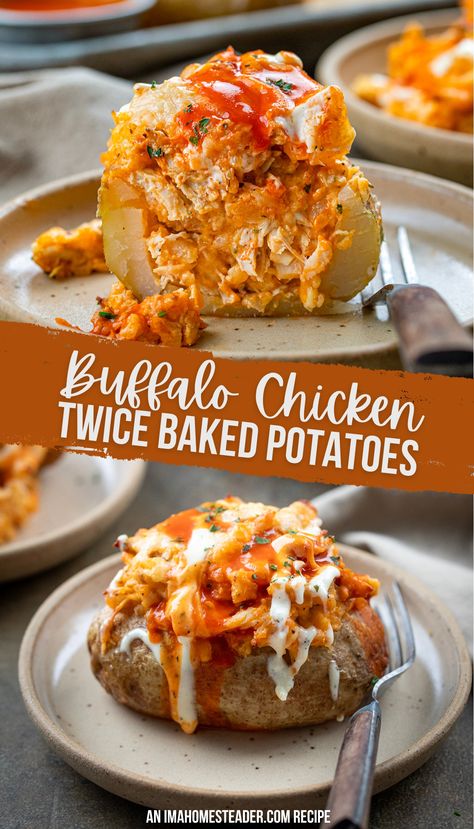 The top image shows a half of a twice baked potato on a speckled beige plate with a wood handled fork next to it. The bottom image shows a full buffalo chicken twice baked potato on another speckled beige plate with the same wooden handled fork next to it on a dark countertop. Loaded Buffalo Chicken Baked Potato, Twice Baked Buffalo Chicken Potato, Buffalo Chicken Twice Baked Potatoes, Buffalo Baked Potato, Buffalo Chicken Loaded Potato, Spuds Potatoes Recipe, Buffalo Chicken Stuffed Potatoes, Loaded Chicken Twice Baked Potato, Baked Potatoes For Dinner Meals