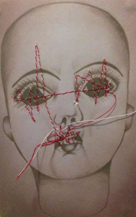 Stitched Mouth Drawing, Eyes Sewn Shut, Drawing Tattoo Ideas, Stitched Mouth, Mouth Painting, Doll Drawing, Mouth Drawing, Party Hardy, Art Textiles