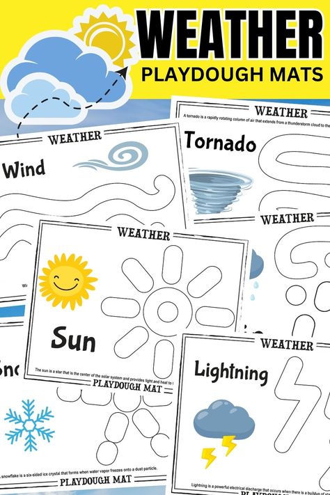 Weather Pretend Play, Preschool Weather Books, The Weather Preschool Activities, Weather Playdough Mats Free Printables, Weather In Kindergarten, Weather Station Dramatic Play Free Printables, Weather Montessori Activities, Weather Playdough Mats, Weather Eyfs Activities