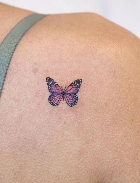 Black And Purple Butterfly Tattoo, Purple Tattoos For Women, Small Purple Butterfly Tattoo, Color Butterfly Tattoo, Purple Tattoo Ink, Pink Butterfly Tattoo, Butterfly Neck Tattoo, Purple Butterfly Tattoo, Borboleta Tattoo