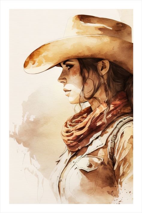 Cowgirl Acrylic Painting, Cowgirl Watercolor Art, Cowboy Watercolor Paintings, Watercolor Western Art, Western Watercolor Paintings, Retro Cowgirl Aesthetic, Cowgirl Watercolor, Cowgirl Artwork, Cowgirl Drawing