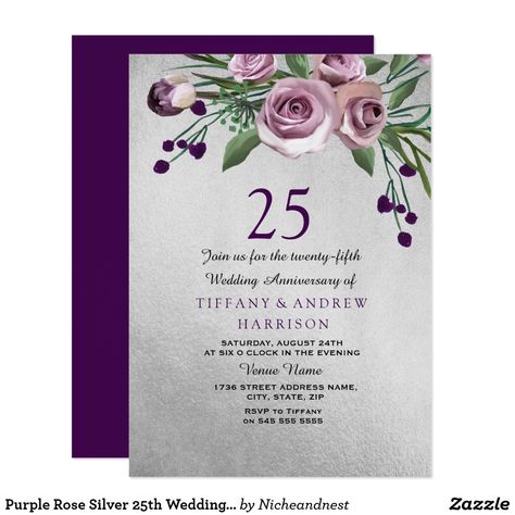 Purple Rose Silver 25th Wedding Anniversary Invite Wedding Renewal Invitations, Anniversary Invite, 25th Wedding Anniversary Invitations, Silver Wedding Theme, Rose Gold Wedding Invitations, Purple Theme, Silver Wedding Anniversary, Silver Theme, Wedding Anniversary Invitations