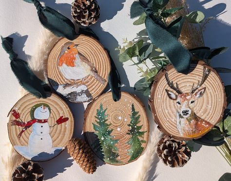 I just love Christmas & decorating our Christmas Tree. With these hand painted Christmas decorations I know it will add something even more special when I decorate it this year. So these hand painted decorations are painted in acrylic paint on wood slices & sealed with a varnish for extra protection.  These will keep forever & are perfect for gifts.  All are made to order & because they are hand painted each will have its own originality.  As these are Pine wood log slices with bark, they will v Log Slice Christmas Decorations, Paint On Wood Slices, Hand Painted Christmas Ornaments, Christmas Log, Log Slice, Log Slices, Paint On Wood, Acrylic Paint On Wood, Hand Painted Christmas