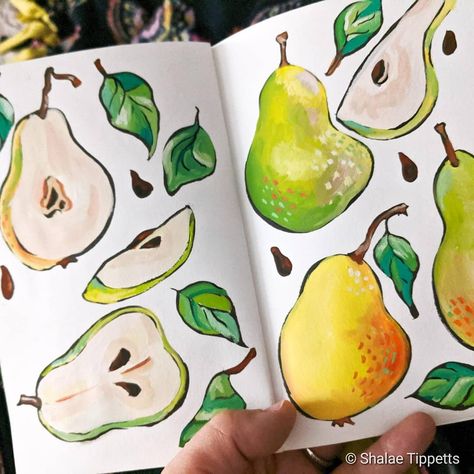 A sketch book page just to practice with gouache. #pear #foodillustration #gouache #ink #sketchbook Gouche Food Painting, Sketch Book Watercolor Ideas, Cute Gouache Painting, Gouache Food, Pear Sketch, Gouache Fruit, Gouache Practice, Paint Sketches, Floral Gouache