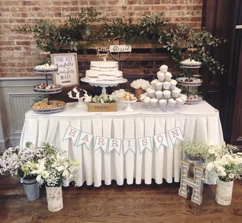 Baptism Dessert Table Ideas, Sage Green Baptism Decor, Green Baptism Decorations, Baptism Decorations Table, Baptism Food Ideas, Rustic Dessert Table Ideas, Rustic Baptism Decor, Lds Baptism Decorations, Baptism Cake Table