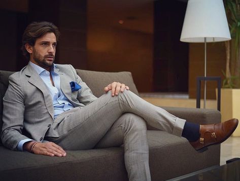 Relax, hang back and enjoy Grey Suit Blue Shirt Men, Stylish Mens Suits Grey, Light Grey Suit Men, Grey Suit Combinations, Casual Suit Look, Prince Of Wales Suit, Formal Winter Outfits, Grey Suit Men, Light Blue Suit