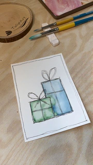 Gabriela Zamfirov | Ink and Watercolor Illustrator on Instagram: "Number 2 of 15 Handmade Christmas cards you can do in 3 minutes no matter how good you are in drawing. 🎄✨ No explanation is needed just try it out and let me know how many of these you have created. 🫣❤️" Christmas Card Design Watercolor, Christmas Watercolor And Ink, Watercolor Pencil Christmas Cards, Watercolour Christmas Card Easy, Ink And Wash Christmas Cards, Easy Diy Watercolor Christmas Cards, Diy Christmas Cards Acrylic Paint, Easy Watercolor Paintings Christmas, Christmas Easy Watercolor