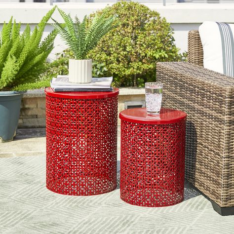 PRICES MAY VARY. Sturdy: The set of 2 decorative garden stools are made of high quality metal, sturdy and rustproof for long-time use. Size: L: 14.5"D×19.25"H, S: 12.5"D×16.5"H. The weight capacity of the large stool is 55 lb, and the weight capacity of the small one is 33 lb. Vintage & Elegant: The garden stools features hand painted glossy red finish, simple and warm, the unique metal laser elegant openwork floral cutout pattern give it classic and chic charm as well as an interesting light an Metal Outdoor Side Table, French Painted Furniture, Garden Stools, Side Table Set, Metal Accent Table, Stylish Side Table, Front Yard Fence, Metal Stool, Plant Table