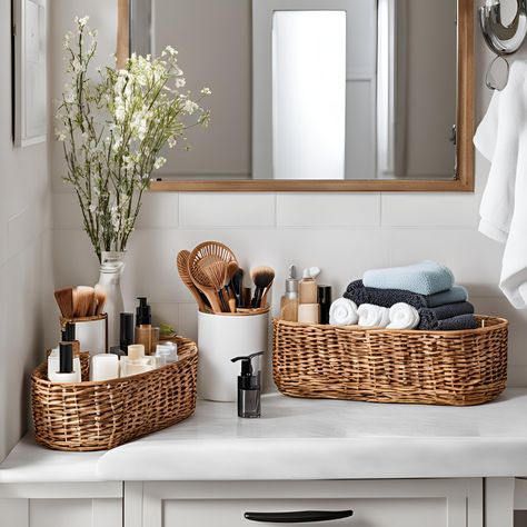 Practical and Cute Bathroom Counter Decor Ideas Guest Bathroom Vanity Tray Ideas, Decorating Bathroom Sink, Functional Bathroom Counter Decor, Tray On Bathroom Counter, Makeup Storage Bathroom Counter, Bathroom Counter Organization Aesthetic, Countertop Bathroom Storage, Guest Bathroom Counter Decor Ideas, Bathroom Sink Set Up