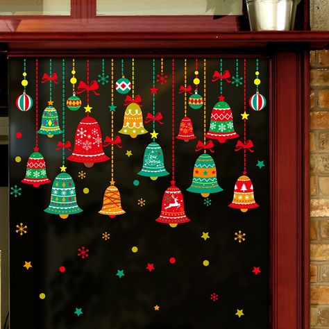 Class Christmas Decoration Ideas, Window Decoration Ideas For School Christmas, Christmas Decor For Kindergarten, Christmas Tree Window Decoration, Chrismass Decore Ideas School, Kindergarten Classroom Christmas Decor, Christmas Decorations In School, Christmas Bell Decorations, Christmas Hangings For School