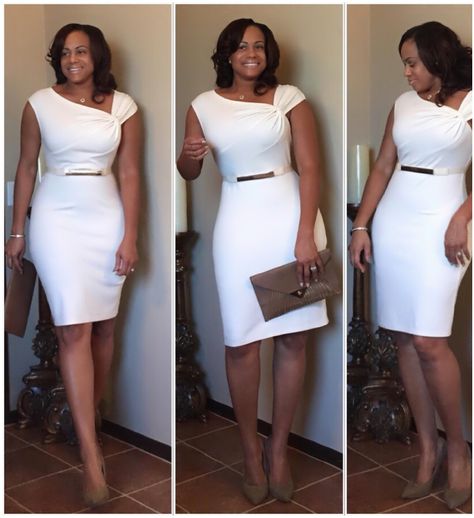 White after LaborDay ! Pleat shoulder dress, asymmetrical neckline, desk to dinner dress White Work Dress Classy, After Work Dinner Outfit, Work Dinner Dress, White Dress For Church, White African Dresses For Women, African Wedding Dresses For Women, Office Outfits Women Dress, Dinner Dress Ideas, White Dinner Dress