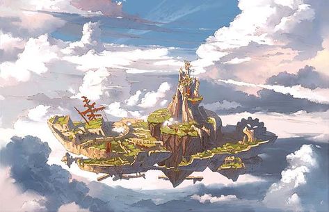 Merkmal Island - Granblue Fantasy Wiki Drawings Ideas Creative, Décor Steampunk, Floating Island, Drawings Ideas, Fantasy City, Fantasy Setting, Fantasy Places, Fantasy Map, Fantasy Art Landscapes