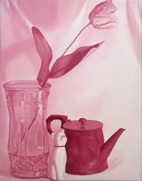 Pink Still Life Painting, Monotone Art Painting, Pink Monochromatic Painting, Monotone Painting, Monochromatic Still Life, Monochromatic Painting Ideas, Monotone Art, Monochromatic Drawing, Folio Ideas