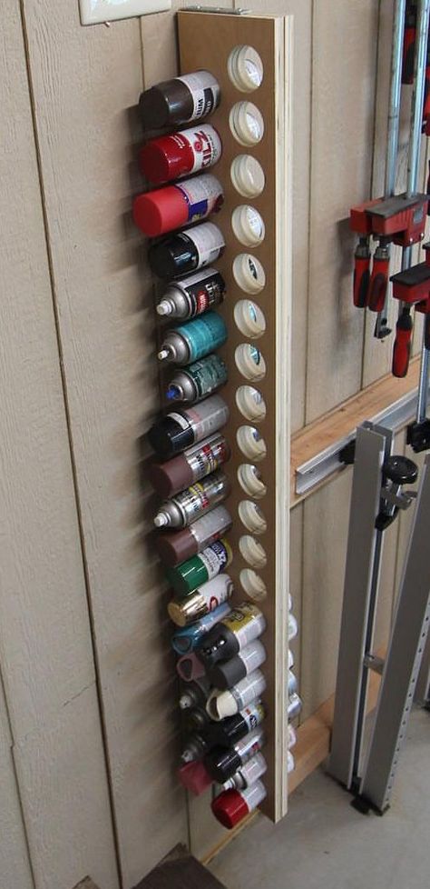 Garage Organization Ideas Storage Wall, Shop Garage Organization Ideas, Garage Parts Storage, Paint Can Organization Garage, Diy Paint Can Storage, Organize Nails And Screws Ideas, Work Shed Organization, Scene Shop Organization, Spray Can Storage Ideas