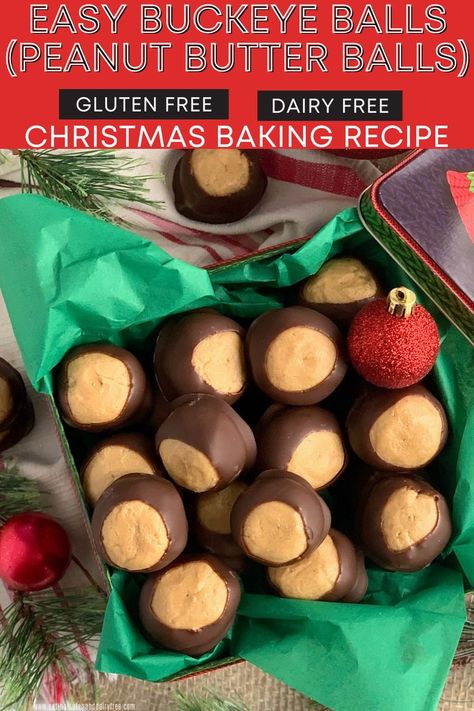 Learn how to make the best buckeye balls for Christmas. Christmas baking recipe that's gluten free and dairy free too. Easy buckeye recipe. Gluten free buckeyes. Dairy Free buckeyes. Dairy Free Buckeyes Recipe, Dairy Free Peanut Butter Balls, Gluten Free No Bake Christmas Treats, Gluten Free Buckeyes, Gluten Dairy Free Christmas Treats, Gluten Free Goodies, Dairy Free Buckeyes, Easy Christmas Desserts Gluten Free, Gluten Free Christmas Treats Easy