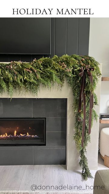 Ribbon On Mantel Garland, Velvet Ribbon Garland, Green And Brown Christmas Decor, Velvet Christmas Decor, Mantel Greenery, Fireplace Garland Christmas, Moody Christmas Decor, Christmas Garland Fireplace, How To Hang Garland On Mantel