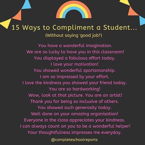 COMPLIMENTS 🌈A little inspiration from @completeschoolreports for complimenting your little mates. . . . . . #teacher #teacherlife… Student Compliments From Teacher, Instagram Compliments, Class Community, English Classroom Decor, Bucket Filler, Elementary Learning, English Classroom, Learning Strategies, Preschool Classroom