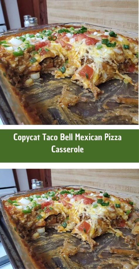 Make Taco Bell’s Mexican Pizza recipe right at home! Ingredients include a three-cheese blend, enchilada sauce, and a replica of their beef seasoning mix! Mexican Pizza Casserole, Copycat Taco Bell Mexican Pizza, Taco Bell Pizza, Beef Seasoning, Nacho Sauce, Mexican Pizza Recipe, Copycat Taco Bell, Taco Bell Mexican Pizza, Taco Bell Recipes