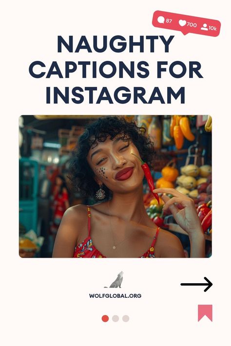 Promotional image featuring a playful woman with "Naughty Captions for Instagram" text overlay.
A list of cheeky and confident selfie captions with a call-to-action button.
Woman with laptop smiling, with social media icons, promoting Instagram engagement platform, wolfglobal.org. Cheeky Captions Instagram, Only Fan Caption Ideas, Sassy Captions Instagram For Hot Pics, Thirst Trap Caption Ideas, Hot Caption Ideas, Spicy Captions For Instagram, Spicy Captions, Cheeky Captions, Flirty Captions