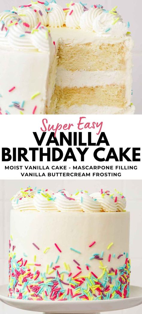 Indulge in the delight of baking with this easy vanilla birthday cake recipe, perfect for beginners. Crafted from scratch, enjoy layers of soft, moist vanilla cake filled with luscious vanilla mascarpone whipped cream and frosted with velvety vanilla buttercream. Ideal for birthdays or any special occasion! Perfect Birthday Cake Recipe, Baking Vanilla Cake, Vanilla Cake With Whipped Cream Frosting, Vanilla Cake With Buttermilk, Best Birthday Cake Recipe Homemade Buttercream Frosting, Simple Vanilla Birthday Cake, Vanilla Cake With Chocolate Filling, Vanilla Smash Cake Recipe, Easy Vanilla Birthday Cake Recipe