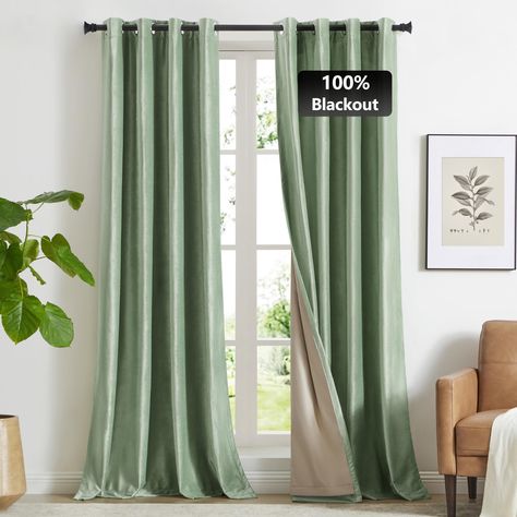 PRICES MAY VARY. PACKAGE CONTENTS: 2 panels of W52xL90inch(132cmx228cm) velvet 100% blackout sage green velvet curtains.Luxurious and soft velvet fabric with liner 100% shading while also decorating the room. MATERIAL&DESIGN: This blackout curtain first page is made of high-quality plush velvet fabric, making it soft and comfortable. We have added an inner lining as back page design to the back of the curtains, ensuring a 100% shading effect.each curtain with 2 pages fabric . It further highligh Living Room Sage, Green Velvet Curtains, Room Darkening Window Treatments, Long Room, Bedroom Drapes, Luxury Curtains, Insulated Curtains, Drape Panel, Thermal Curtains