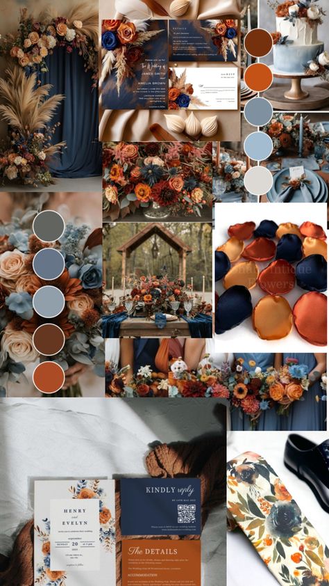 Wedding Fall Wedding Navy And Orange, Navy And Orange Wedding Colors, Fall Wedding Colors With Blue, Fall Wedding With Navy Blue, Navy Blue Fall Wedding Colors, May Wedding Colors Schemes, Fall Blue Wedding Colors, Fall Wedding With Blue, Fall Beach Wedding Colors