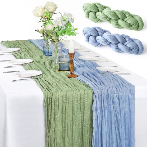 PRICES MAY VARY. 【Package Include】：You will receive 2 piece of popular colors (Sage Green and Dusty Blue) gauze table runners,the size of each piece is 35W"x120"L to fit different size tables and chairs. These table runners are skin-friendly as they are environmentally friendly. Perfect to decorate your tables. 【Soft Superior Quality Material】：These table runners are made of high quality polyester,soft to the touch with beautiful crinkling.The edges are thoughtfully stitched to prevent fraying.T Blue And Green Wedding Reception, Blue And Green Centerpiece, Blue And Green Birthday Decorations, Light Blue And Light Green Wedding, Blue And Green Graduation Party, Dusty Blue And Sage Green Wedding Decor, Blue And Green Baby Shower Ideas, Dusty Blue And Sage Green Wedding Theme, Blue And Green Table Setting