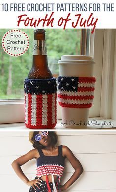 Heyyyyyyy thhhhheeeerrrrreeeeeeee!  I've come to you with this Fourth of July roundup just in time to make at  least one of these goodies before we celebrate our independence here in the  states! I've took quite some time to select the best of the best (at least,  in my opinion) of handmade cro Patriotic Crochet Patterns, Crochet Koozie, Patriotic Patterns, Patriotic Crochet, Crochet Beer, Cup Cozy Crochet Pattern, Coffee Cozy Pattern, Cup Cozy Pattern, Crochet Mug Cozy