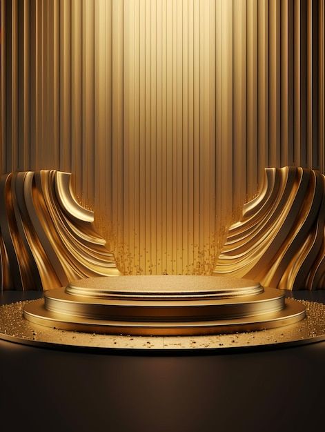 Premium AI Image | Realistic Podium Background With Golden Details Golden Design Background, Podium Photoshoot, Golden Color Background, Post Backgrounds, Gold Graphic Design, Podium Background, Ideas Portadas, Podium Design, Gold And Black Background