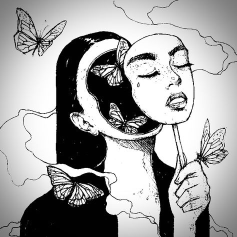 Woman taking off a mask Growth Aesthetic Art, Body Mind And Soul Art, Unmasking Art, Vulnerability Aesthetic, Alter Ego Drawing, Vulnerability Drawing, Alter Ego Illustration, Vulnerable Aesthetic, Alter Ego Ideas