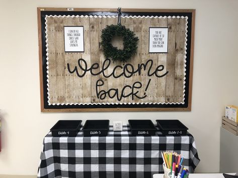 Middle school welcome back bulletin board with Growth Mindset posters #raedunninspired #middleschool classroom Welcome Back To School Bulletin Boards High School, Farmhouse Bulletin Board Ideas, Tutoring Room, School Welcome Bulletin Boards, Farmhouse Bulletin Board, Rustic Classroom Decor, Middle School Bulletin Boards, Preschool Classroom Setup, Classroom Aesthetic