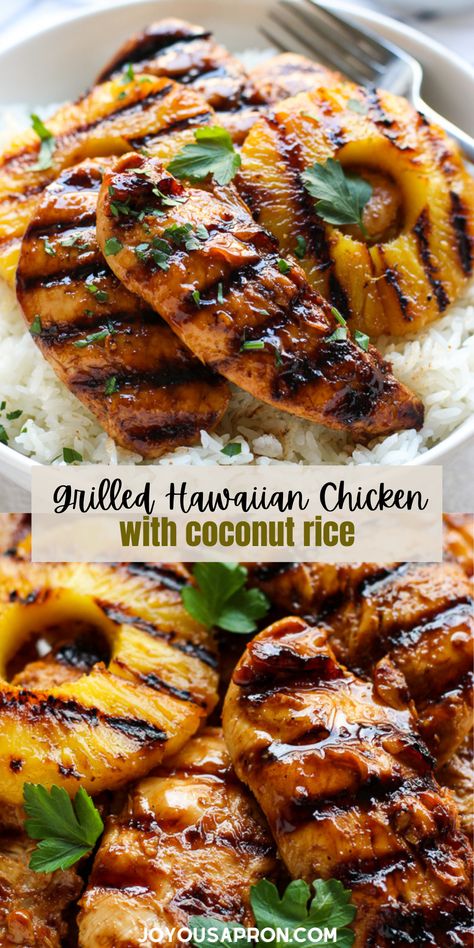 Grilled Hawaiian Chicken with Coconut Rice - easy and yummy grilling recipe for summer cookouts! Chicken tenderloins are marinated in a savory sweet sauce and grilled, then served with grilled pineapple and coconut rice. Lots of tropical flavors! Chicken With Coconut Rice, Recipe For Summer, Pineapple And Coconut, Hawaiian Chicken, Grilled Dinner, Chicken Tenderloins, Summer Cookouts, Grilled Pineapple, Hawaiian Food