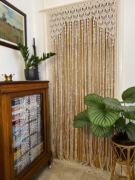 Boho Door Curtain, Macrame Kitchen Door, Bead Door Curtain Diy, Easy Macrame Door Curtain Diy, Macrame Curtain With Beads, Curtains For Closet Doors Macrame, Cubicle Door, Beaded Curtains Doorway, Door Curtains Diy