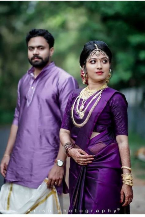 Wedding Sari Kerala Hindu, Kerala Saree With Maroon Blouse, Purple Wedding Saree Brides, Saree And Kurta Couple Photoshoot, Maroon Bridal Saree South Indian, Sari Couple, Purple Bridal Saree, Purple Wedding Saree, South Indian Engagement Outfit