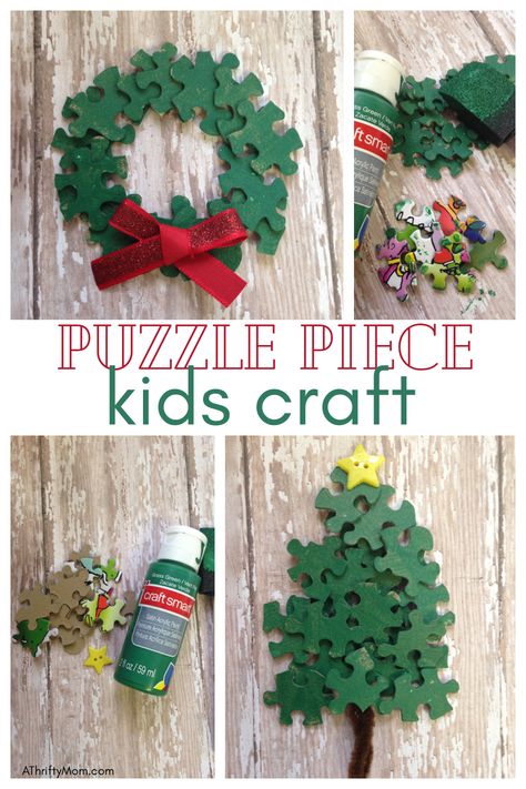 Puzzle piece Christmas craft for kids - A Thrifty Mom - Recipes, Crafts, DIY and more Puzzle Piece Ornaments Kids, Christmas Craft Fundraiser Ideas, Puzzle Piece Diy Crafts, Kids Christmas Arts And Crafts, Puzzle Piece Snowflake Ornament, Crafts For Mom Christmas, Kids Christmas Crafts To Give As Gifts, Holiday Crafts For Seniors, Puzzle Crafts Wall Art