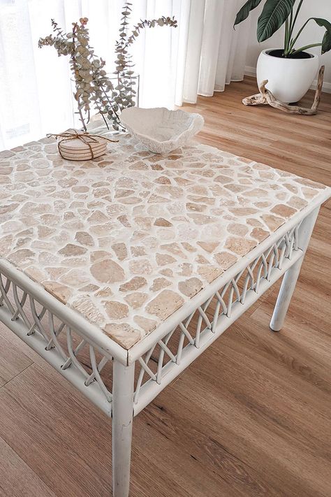 Tiled Patio Table, Stone Decking Tiles Kmart Hack, Diy Tile Decor, Clay Draping, Stone Decking, Tile Hacks, Tile Patio Table, Mosaic Patio, Mosaic Patio Table